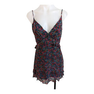 Stevie May Size Small Slip Mini Dress Green Pink Floral Ruffle Spaghetti Straps